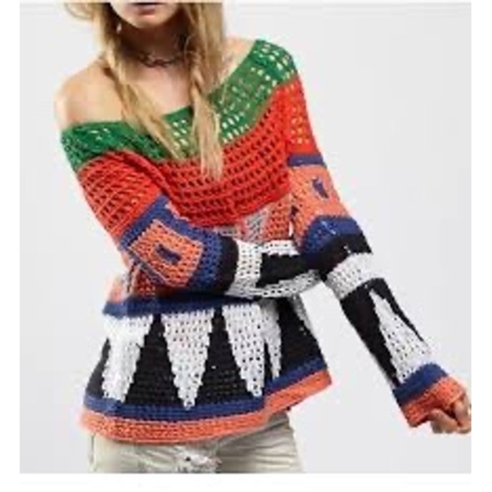 Free People Modern Art Geo Knit Pullover Sweater Multi Combo Crochet S